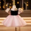 Chic / Beautiful Blushing Pink Short Birthday Flower Girl Dresses 2022 Ball Gown Scoop Neck Puffy Short Sleeve Bow Flower Girl Dresses
