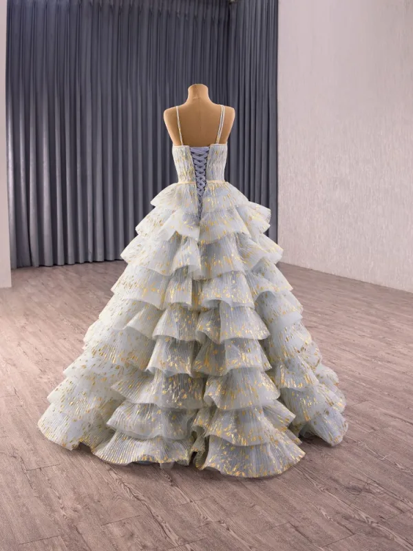 Fashion Grey Cascading Ruffles Glitter Prom Dresses 2025 Ball Gown Spaghetti Straps Sleeveless Floor-Length / Long Tulle Prom Formal Dresses