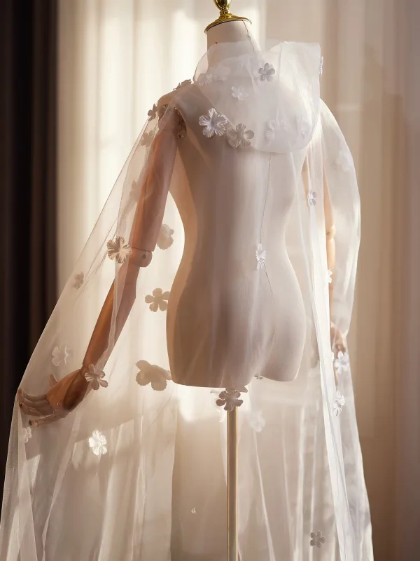 Élégant Blanche Fait main Appliques Mariage Vestes & Enveloppements Tulle 2026 châle