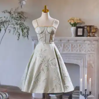 Chinese Style Sage Green Beading Lace Flower Short Satin Homecoming Graduation Dresses 2024 A Line Princess Spaghetti Straps Sleeveless Backless Formal Dresses
