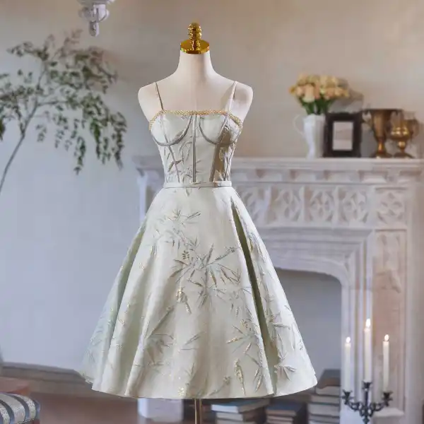 Chinese style Sage Green Beading Lace Flower Short Satin Homecoming Graduation  Dresses 2024 A-Line / Princess Spaghetti Straps Sleeveless Backless Formal  Dresses