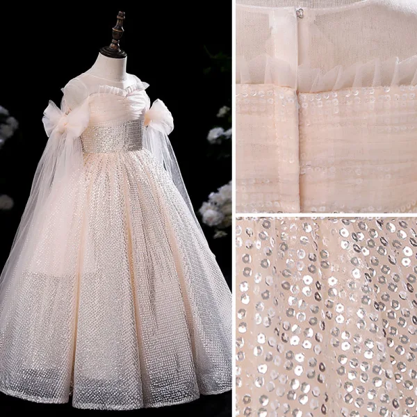 Bling Bling Champagne Sequins Birthday Flower Girl Dresses 2022 Ball Gown Scoop Neck Short Sleeve Floor-Length / Long Flower Girl Dresses