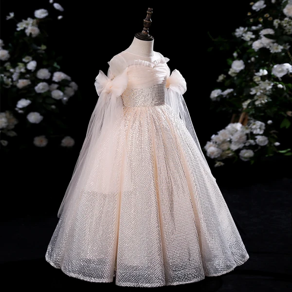 Bling Bling Champagne Sequins Birthday Flower Girl Dresses 2022 Ball Gown Scoop Neck Short Sleeve Floor-Length / Long Flower Girl Dresses