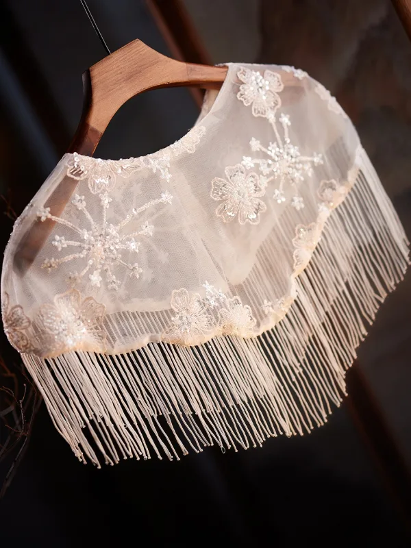 Bling Bling Aprikos / Beige Handgjort Beading Tassel Paljetter Spets Blomma Bal sjal 2025
