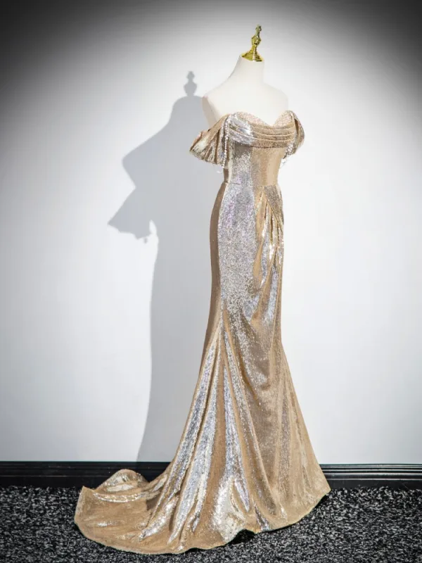 Sexy Scintillantes Doré Paillettes Robe De Soirée 2025 Trompette / Sirène Bustier Sans Manches Dos Nu Train De Balayage Soirée Robe De Ceremonie