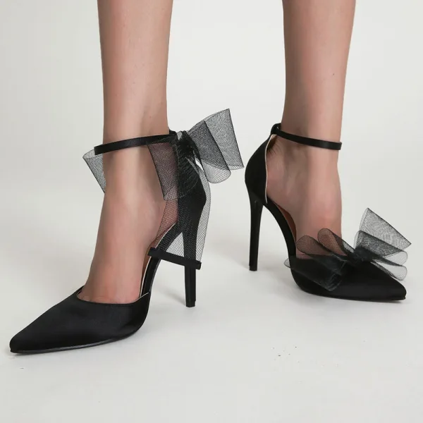 Sexy Black Summer Evening Party Bow Womens Shoes 2022 11 cm Stiletto Heels Ankle Strap Pointed Toe Womens Shoes High Heels
