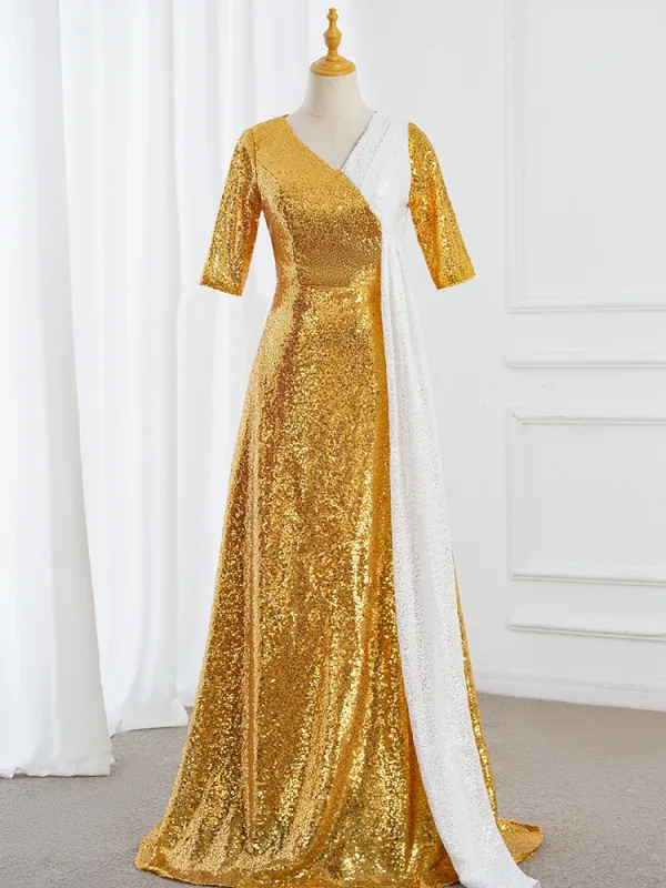 Vintage / Originale Bleu Roi Paillettes Robe De Bal 2025 Trompette / Sirène V-Cou Manches Courtes Longue Promo Robe De Ceremonie