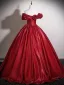 Elegant Red Flower Prom Dresses 2025 Ball Gown Off-The-Shoulder Short Sleeve Backless Floor-Length / Long Formal Dresses