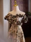 Vintage / Retro Brown Printing Prom Dresses 2024 A-Line / Princess Off-The-Shoulder Sleeveless Backless Floor-Length / Long Prom Formal Dresses