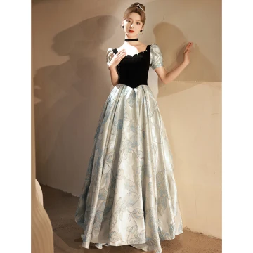 Elegant Black Glitter Prom Dresses 2023 A Line Princess Square Neckline Short Sleeve Backless Floor Length Long Prom Formal Dresses