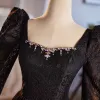 Modest / Simple Black Rhinestone Lace Winter Prom Dresses 2024 A-Line / Princess Square Neckline Long Sleeve Backless Floor-Length / Long Prom Formal Dresses