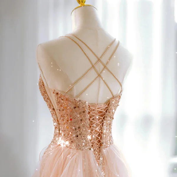 Glitzernden Sexy Champagner Perlenstickerei Pailletten Abendkleider 2023 Meerjungfrau Spaghettiträger Ärmellos Rückenfreies Sweep / Pinsel Zug Abend Festliche Kleider
