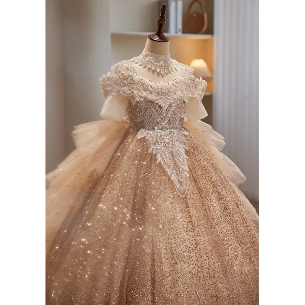 Scintillantes Charmant Champagne Perlage Perle Paillettes Faux Diamant Volants en Cascade Anniversaire Robe Ceremonie Fille 2023 Robe Boule Encolure Dégagée Manches Courtes Dos Nu Longue