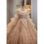 Scintillantes Charmant Champagne Perlage Perle Paillettes Faux Diamant Volants en Cascade Anniversaire Robe Ceremonie Fille 2023 Robe Boule Encolure Dégagée Manches Courtes Dos Nu Longue