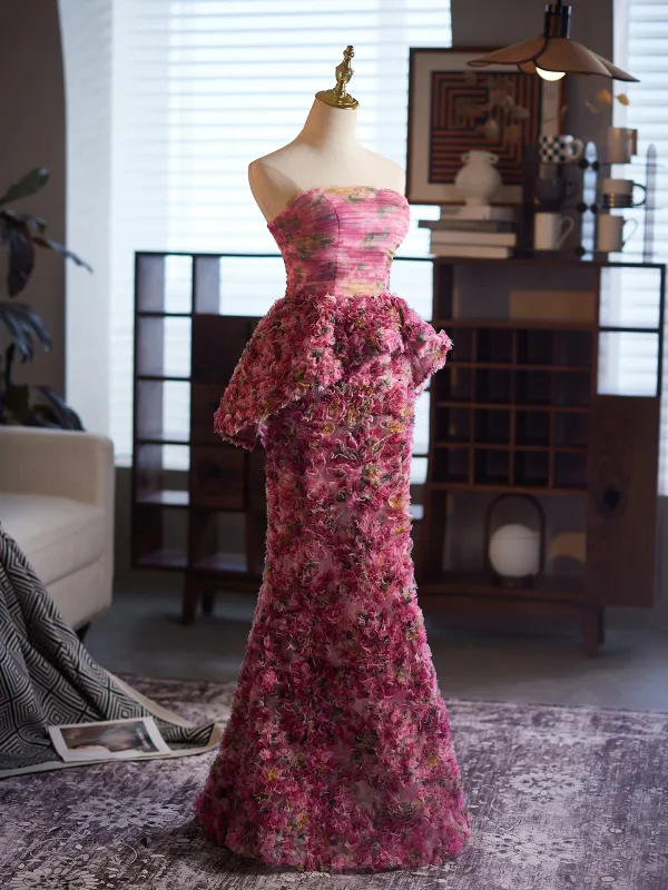 Flower Fairy Fuchsia Ruffle Appliques Prom Dresses 2025 Trumpet / Mermaid Strapless Sleeveless Backless Floor-Length / Long Formal Dresses