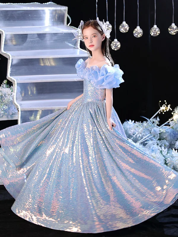 Sparkly Sky Blue Sequins Birthday Flower Girl Dresses 2024 A-Line / Princess Scoop Neck Ruffle Short Sleeve Floor-Length / Long