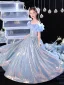 Sparkly Sky Blue Sequins Birthday Flower Girl Dresses 2024 A-Line / Princess Scoop Neck Ruffle Short Sleeve Floor-Length / Long