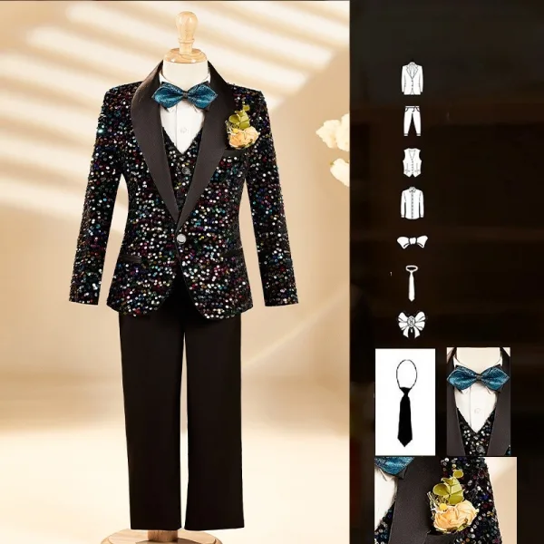 Black Fall Winter Long Sleeve Multi-Colors Sequins 6-piece Boys Wedding Suits 2025 Body Jewellery Coat Pants Shirt Tie Vest Boys Wedding Suits