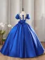 Vintage / Retro Royal Blue Prom Dresses 2024 Beading Sequins Lace Flower Satin Ball Gown Scoop Neck Short Sleeve Bow Formal Dresses