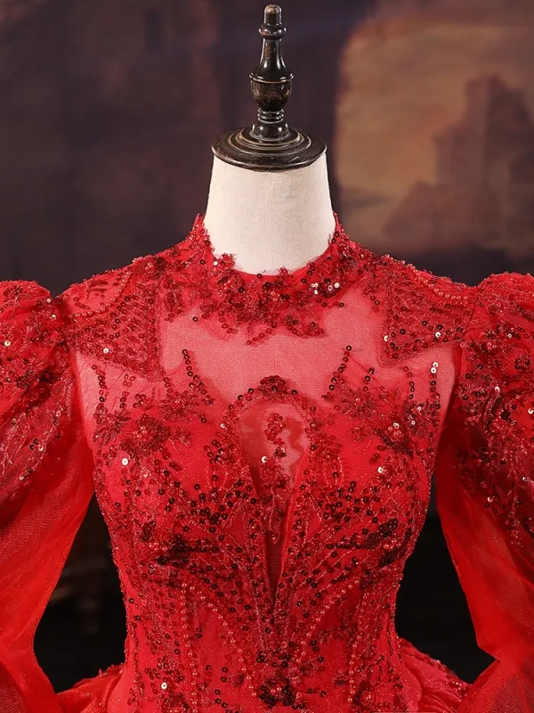 Vintage / Retro Red Beading Sequins Wedding Dresses 2025 Ball Gown High Neck Long Sleeve Backless Royal Train Wedding