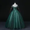 Elegant Dark Green Pearl Sequins Prom Dresses 2022 Ball Gown Off-The-Shoulder Short Sleeve Backless Floor-Length / Long Prom Formal Dresses