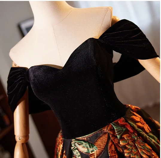 Vintage / Retro Black Printing Prom Dresses 2024 Ball Gown Off-The-Shoulder Sleeveless Backless Floor-Length / Long Prom Formal Dresses