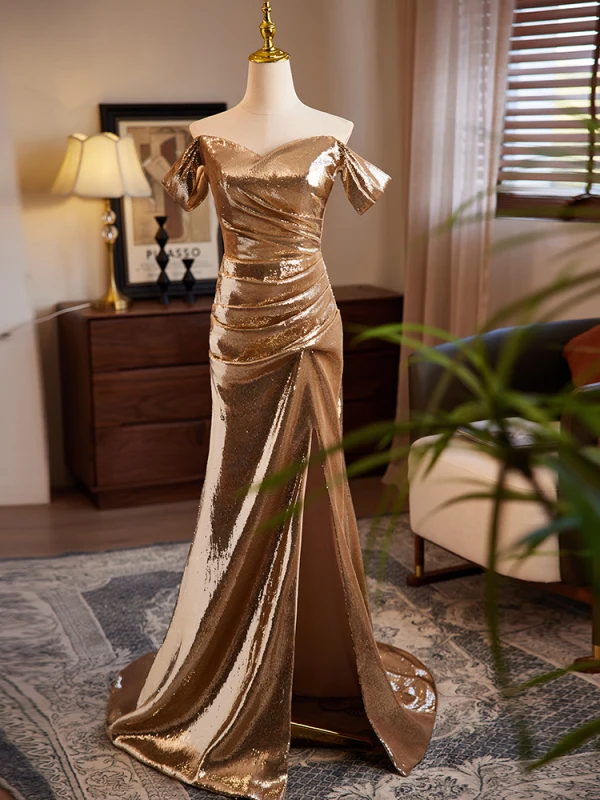 Glitzernden Sexy Champagner Pailletten Gespaltete Front Abendkleider 2024 Meerjungfrau Off Shoulder Kurze Ärmel Rückenfreies Sweep / Pinsel Zug Abend Festliche Kleider