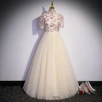 Vintage Originale Style Chinois Champagne Robe De Bal 2022 Princesse Col Haut Étoile Paillettes En Dentelle Fleur Manches Courtes Dos Nu Longue Promo Robe De Ceremonie