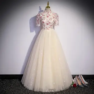 Vintage Retro Chinese Style Champagne Prom Dresses 2022 A Line Princess High Neck Star Sequins Lace Flower Short Sleeve Backless Floor Length Long Prom Formal Dresses