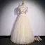 Vintage / Retro Chinese style Champagne Prom Dresses 2022 A-Line / Princess High Neck Star Sequins Lace Flower Short Sleeve Backless Floor-Length / Long Prom Formal Dresses