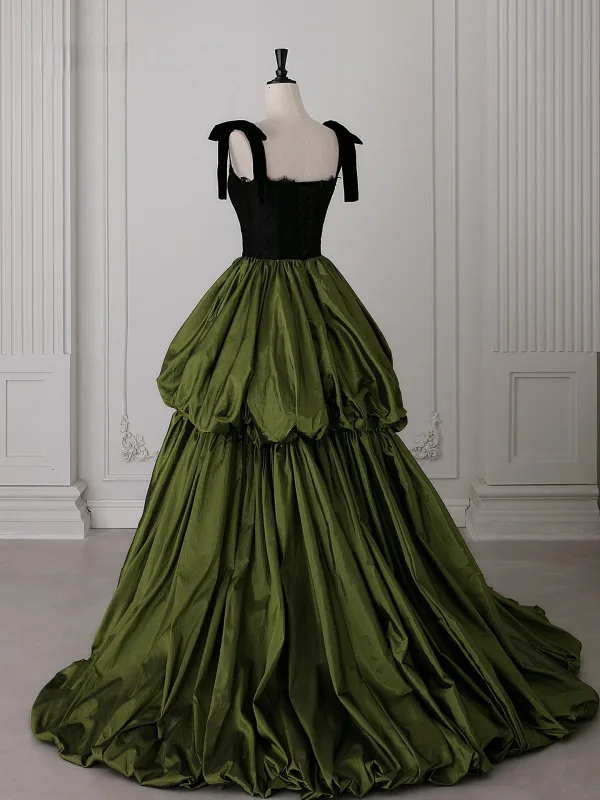 Vintage / Originale Vert Foncé Volants en Cascade Robe De Bal 2025 Robe Boule Encolure Carrée Sans Manches Dos Nu Train De Balayage Robe De Ceremonie