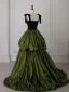 Vintage / Originale Vert Foncé Volants en Cascade Robe De Bal 2025 Robe Boule Encolure Carrée Sans Manches Dos Nu Train De Balayage Robe De Ceremonie