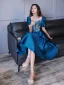 Chic / Belle Océan Bleu de retour Robe De Graduation 2022 Satin Princesse Encolure Carrée Manches Courtes Dos Nu Thé Longueur Robe De Ceremonie