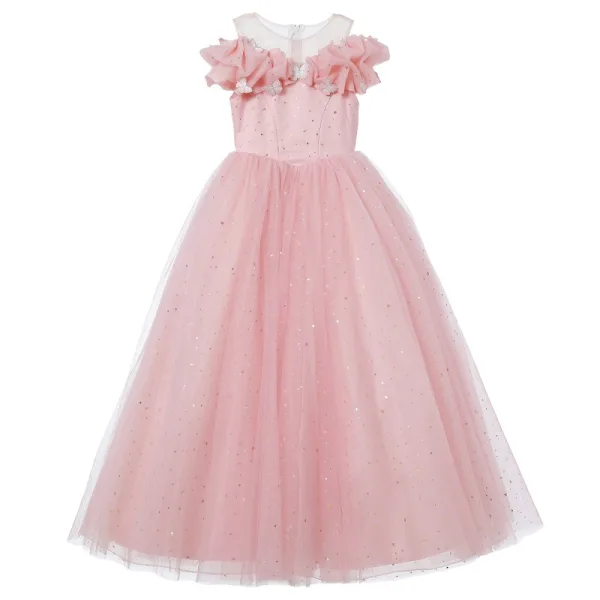 Chic / Beautiful Blushing Pink Lace Butterfly Sequins Birthday Flower Girl Dresses 2024 Ball Gown Scoop Neck Short Sleeve Floor-Length / Long Tulle