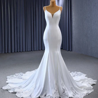 High End White Satin Lace Flower Wedding Dresses 2023 Trumpet Mermaid Spaghetti Straps Sleeveless Backless Chapel Train Wedding