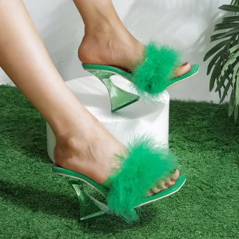 Sexy Green Feather Cocktail Party Womens Sandals High Heels 2022 10 Cm Crystal Stiletto Heels Open Peep Toe Sandals