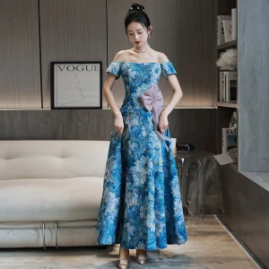 Fancy Ocean Blue Printing Prom Dresses 2022 A Line Princess Off The Shoulder Short Sleeve Backless Bow Floor Length Long Formal Dresses