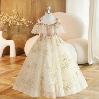 Charmant Champagne Perlage Paillettes Anniversaire Robe Ceremonie Fille 2023 Robe Boule Encolure Dégagée Manches Courtes Dos Nu Longue Robe Ceremonie Fille