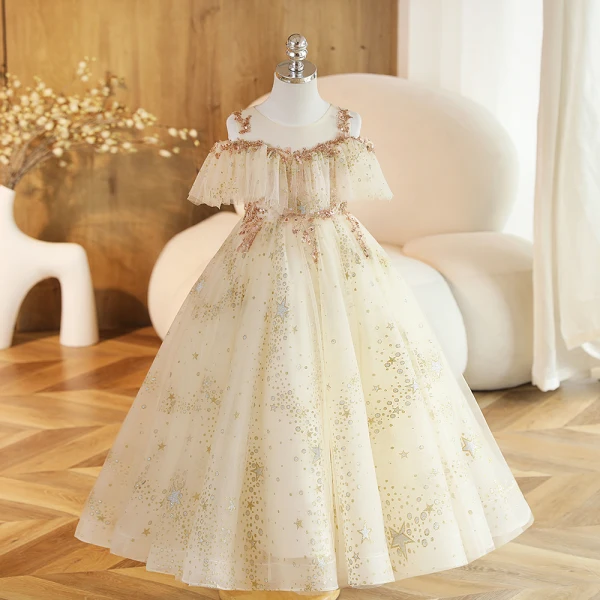Charming Champagne Beading Sequins Birthday Flower Girl Dresses 2023 Ball Gown Scoop Neck Short Sleeve Backless Floor-Length / Long Flower Girl Dresses
