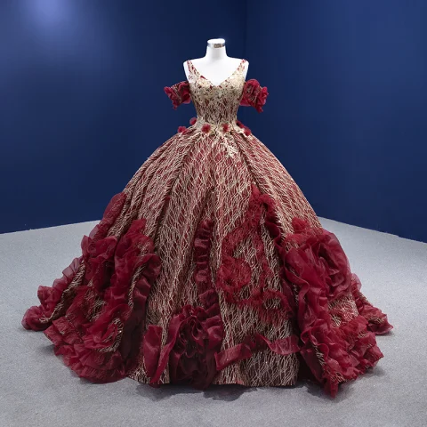 Haut de Gamme Glitter Bordeaux Paillettes Appliques Robe De Bal 2022 Robe Boule V-Cou Manches Courtes Dos Nu Tribunal Train Robe De Ceremonie