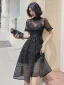 Chic / Beautiful Black Spotted Pierced Party Dresses Cocktail Party 2022 A-Line / Princess High Neck Short Sleeve Floor-Length / Long Formal Dresses