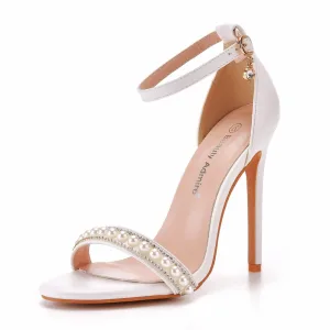 Sexy White Pearl Rhinestone Ankle Strap Wedding Shoes 2025 11 Cm Stiletto Heels Open Peep Toe Wedding Sandals High Heels