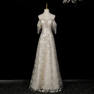Scintillantes Argenté Perlage Paillettes Robe De Soirée 2026 Princesse De L Épaule Sans Manches Dos Nu Longue Robe De Ceremonie