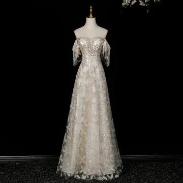 Scintillantes Argenté Perlage Paillettes Robe De Soirée 2026 Princesse De L Épaule Sans Manches Dos Nu Longue Robe De Ceremonie