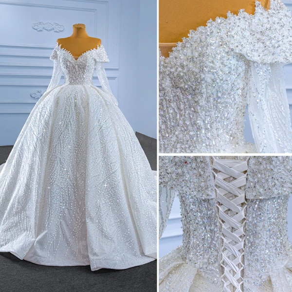 Luxury / Gorgeous White Beading Sequins Wedding Dresses 2022 Ball Gown Off-The-Shoulder Long Sleeve Backless Royal Train Wedding