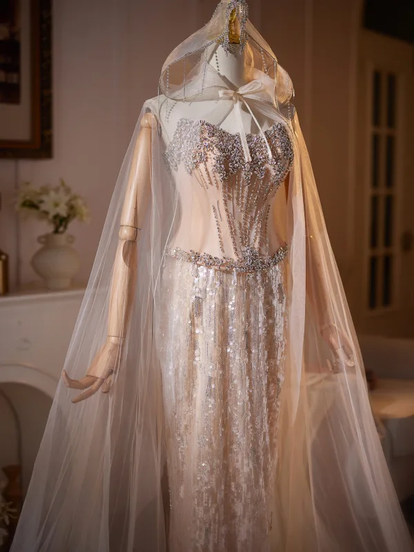 Luxury / Gorgeous Champagne Sequins Rhinestone Corset Evening Dresses 2026 Trumpet / Mermaid Strapless Sleeveless Backless With Cloak Floor-Length / Long Evening Party Formal Dresses