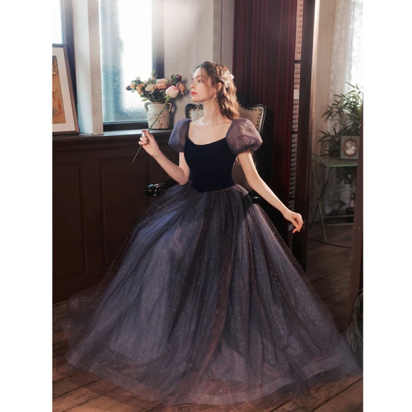 Elegant Purple Suede Sequins Prom Dresses 2022 A-Line / Princess Square Neckline Puffy Short Sleeve Backless Floor-Length / Long Prom Formal Dresses