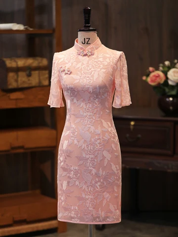 Chic Beautiful Blushing Pink Lace Flower Silk Evening Party Cheongsam 2024 Trumpet Mermaid High Neck Short Sleeve Tea Length