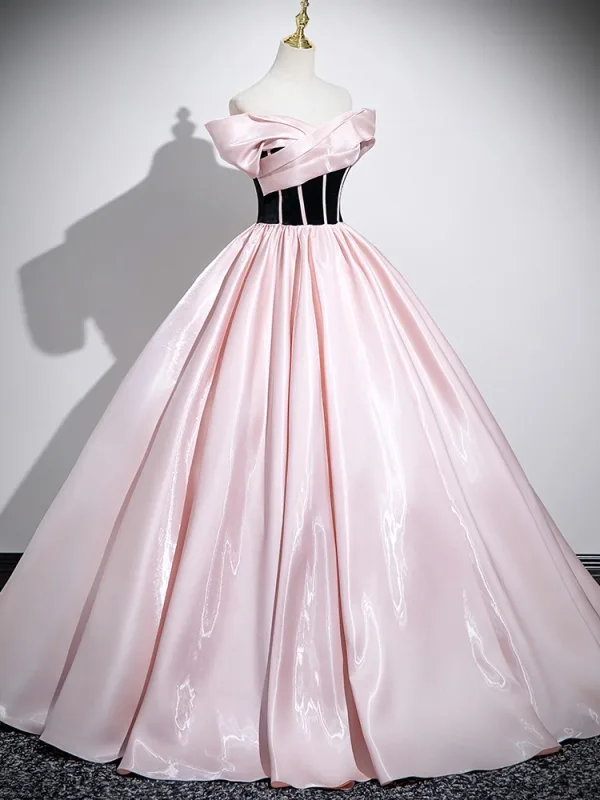 Chic / Beautiful Blushing Pink Prom Dresses 2025 Ball Gown Off-The-Shoulder Short Sleeve Backless Floor-Length / Long Prom Formal Dresses