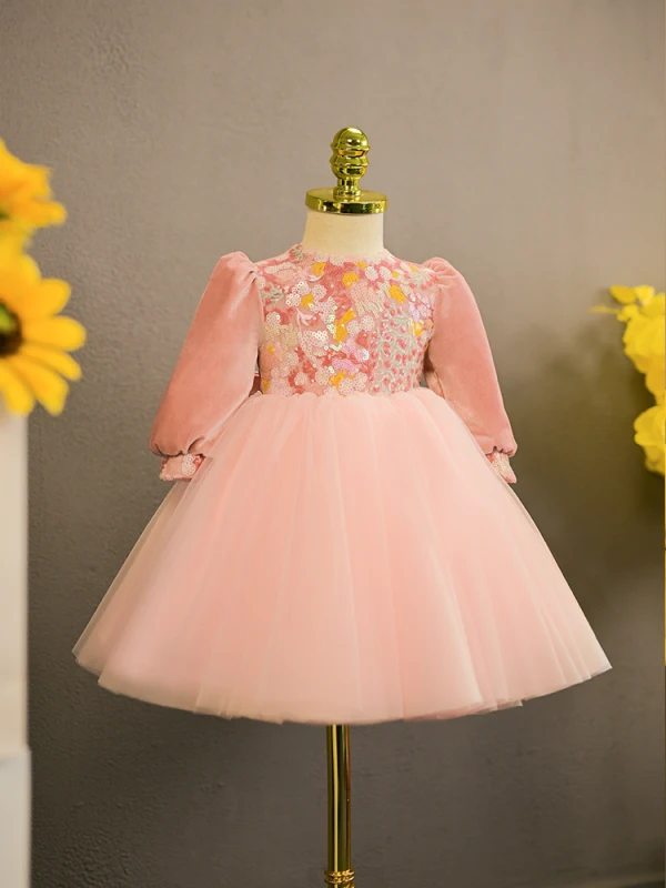 Lovely Candy Pink Sequins Short Birthday Flower Girl Dresses 2024 Ball Gown Scoop Neck Bow Short Sleeve